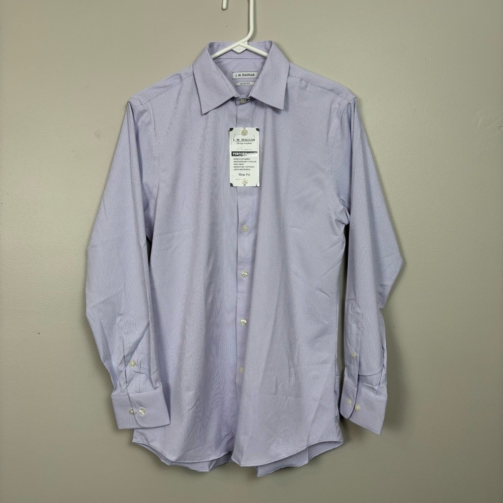 J.M. Haggar Shirt Mens 15-15.5‎ Blue Red Micro Plaid Slim Fit Performance Button